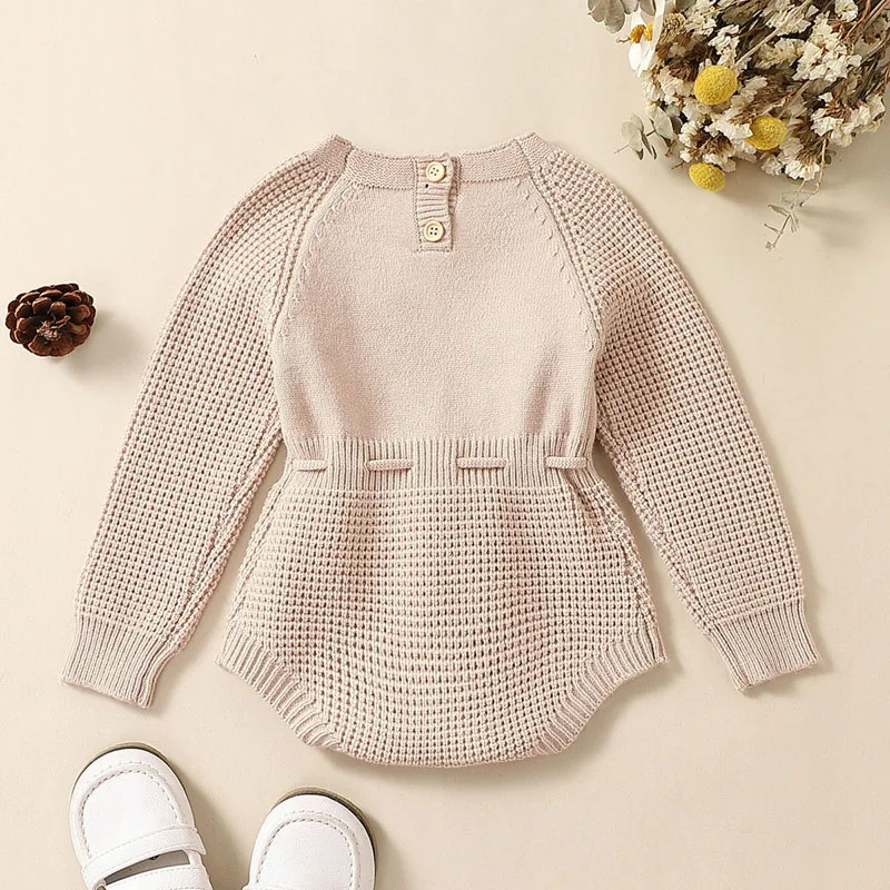 ma&baby 0-24M Newborn Infant Toddler Baby Girls Knit Romper Flower Embroidery Long Sleeve Drawstring Fall Winter Warm Clothes