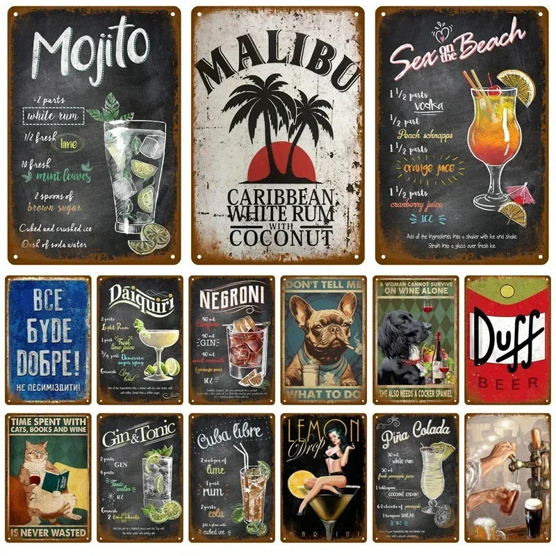 HD Metal Tin Sign Vintage Classic Cocktail Beer Recipe Bar Pub Wall Decor for Home Kitchen Man Cave Decoration