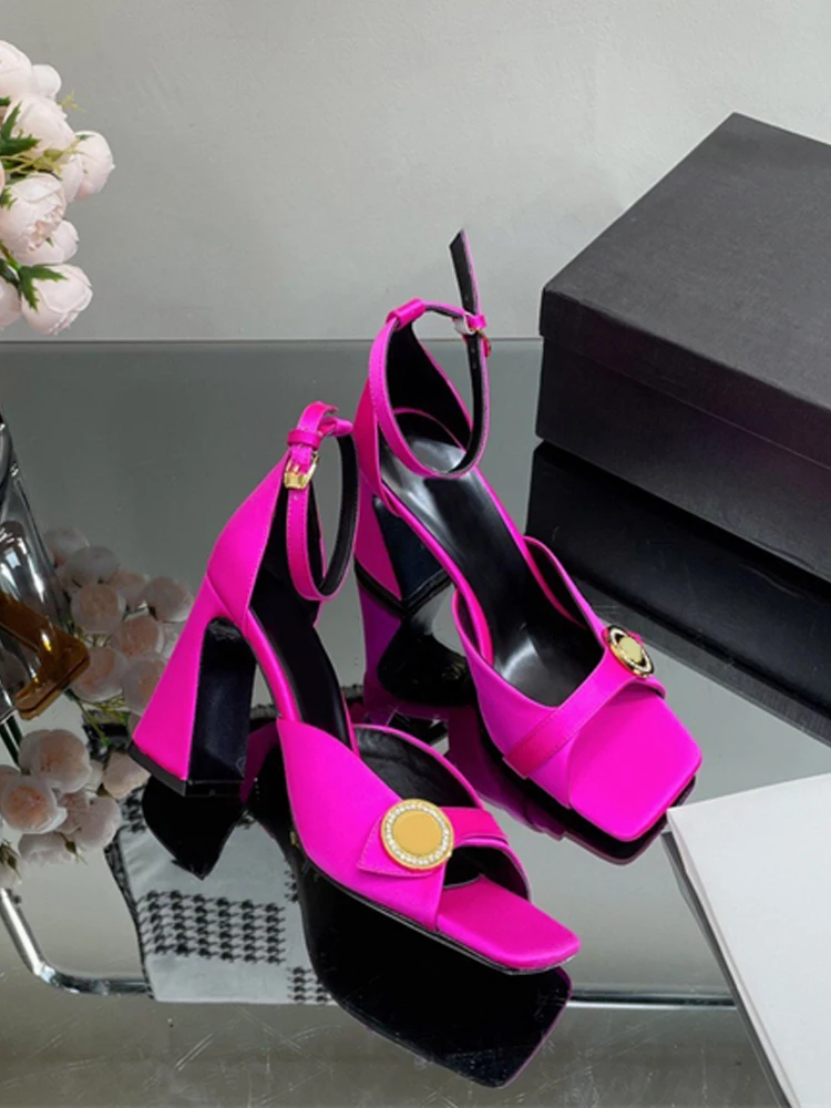 2025 Summer Square Toe Women Sandals Black Sexy Open Toe Thick Heel Metal Buckle Ankle Strap High Heels Hollow Fashion Shoes