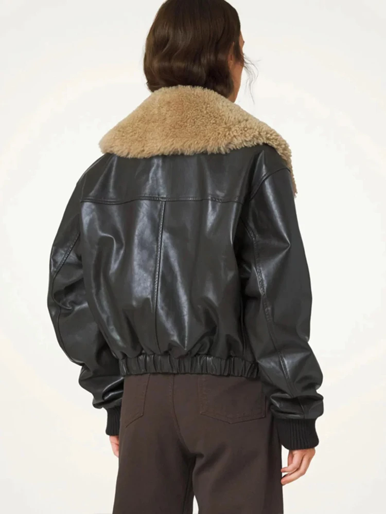 Chaqueta de cuero PU para mujer, abrigo corto grueso y cálido, color chocolate oscuro, cuello de pelo grande, novedad de 2024