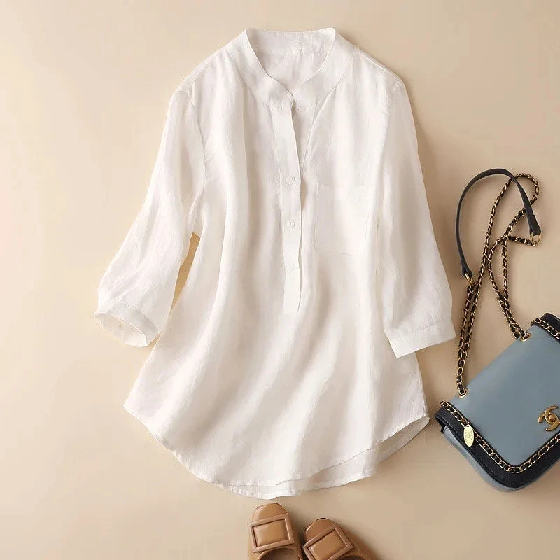 Cotton Linen Summer Female Stand-up Collar Leisure Seven Points Sleeve Blouse 2024 Women Pure Cotton Large Size Simplicity Shirt