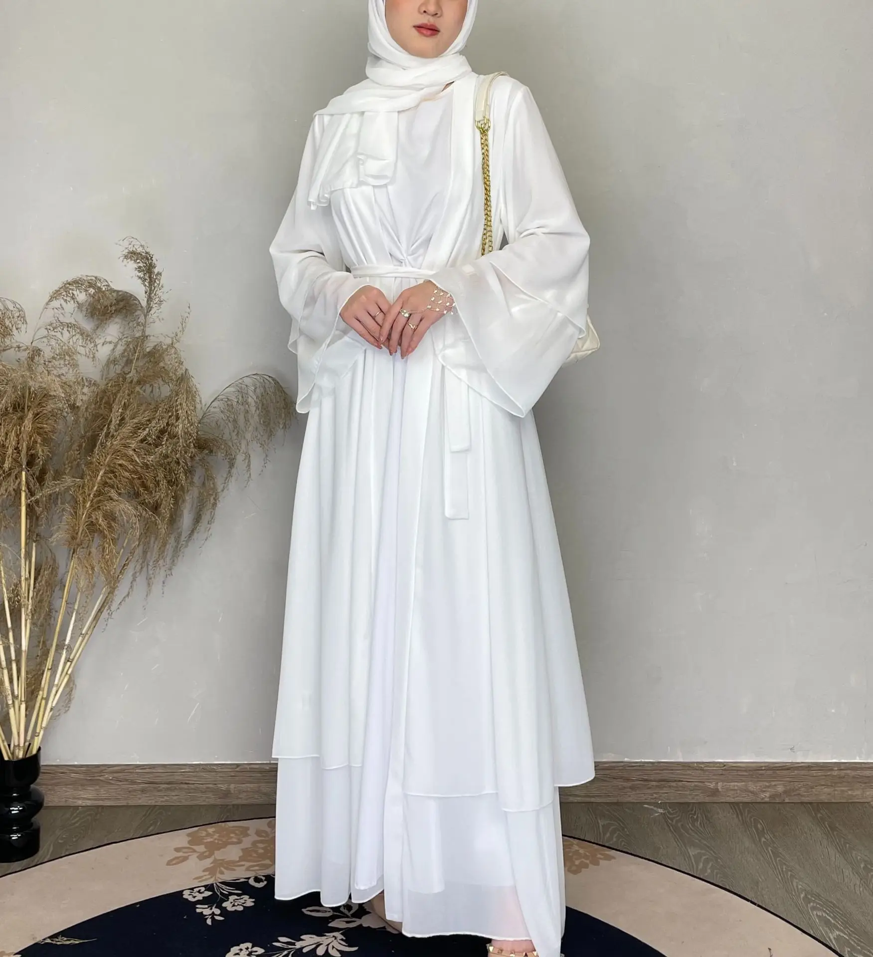 Chiffon Open Abaya Dubai Turkey Kaftan Muslim Cardigan Abayas Simple Dresses for Women Casual Robe Solid Caftan Islam Clothing