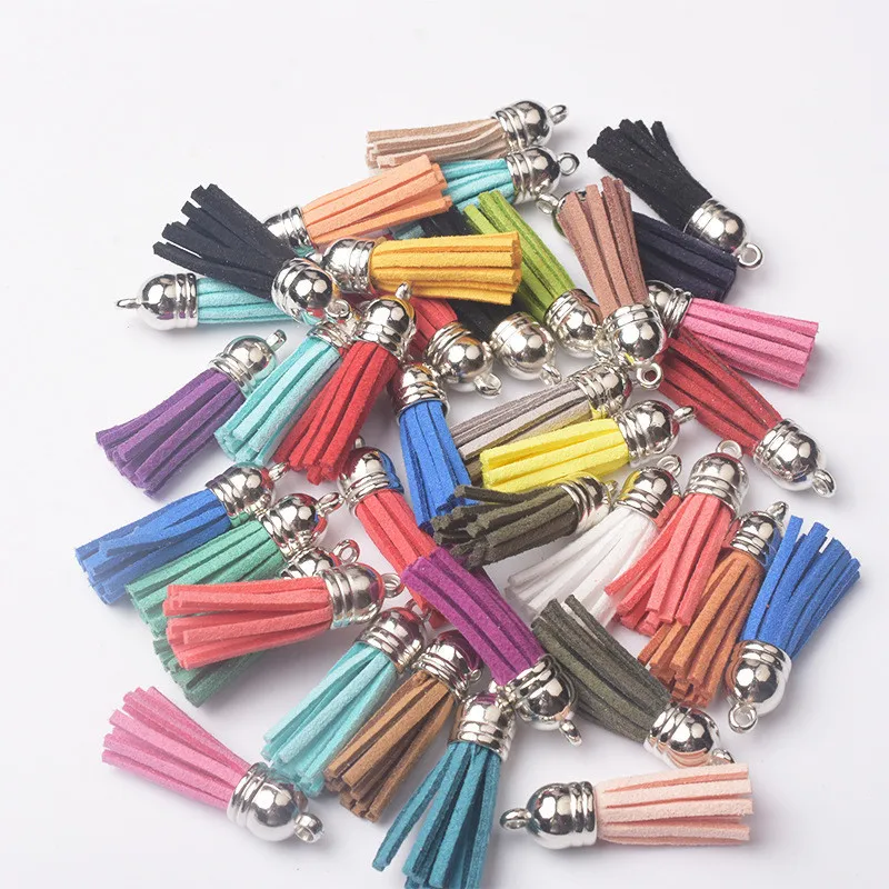 20/50pcs 38mm Leather Tassel Charms Gold Silver Cap Earring Fringe Keychain Pendant Straps Suede Tassels Diy Jewelry Accessories