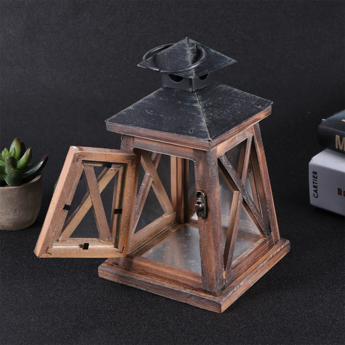 

Wrought Iron Lanterns Windproof Decorative Vintage Wood Style Holder For Tabletop Mantle Home Decor Romantic Gift