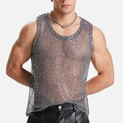 Summer Men's Fashion Sexy Mesh Casual Tank Tops Glitter See Through Vest Fishnet Nightclub Tops Man Clothing