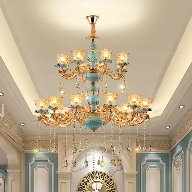 

Large Royal Golden Crystal Chandeliers Foyer Suspension Project Pendant Lamp Hotel Restaurant Club House led Lighting Fixtures