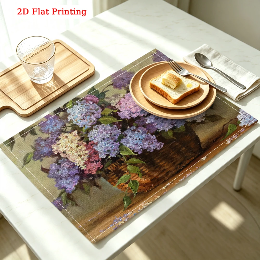 2Pcs Floral Placemat Purple Hydrangea Basket Print Table Mat Kitchen Dining Decor Non Slip Heat Resistant 30X40Cm