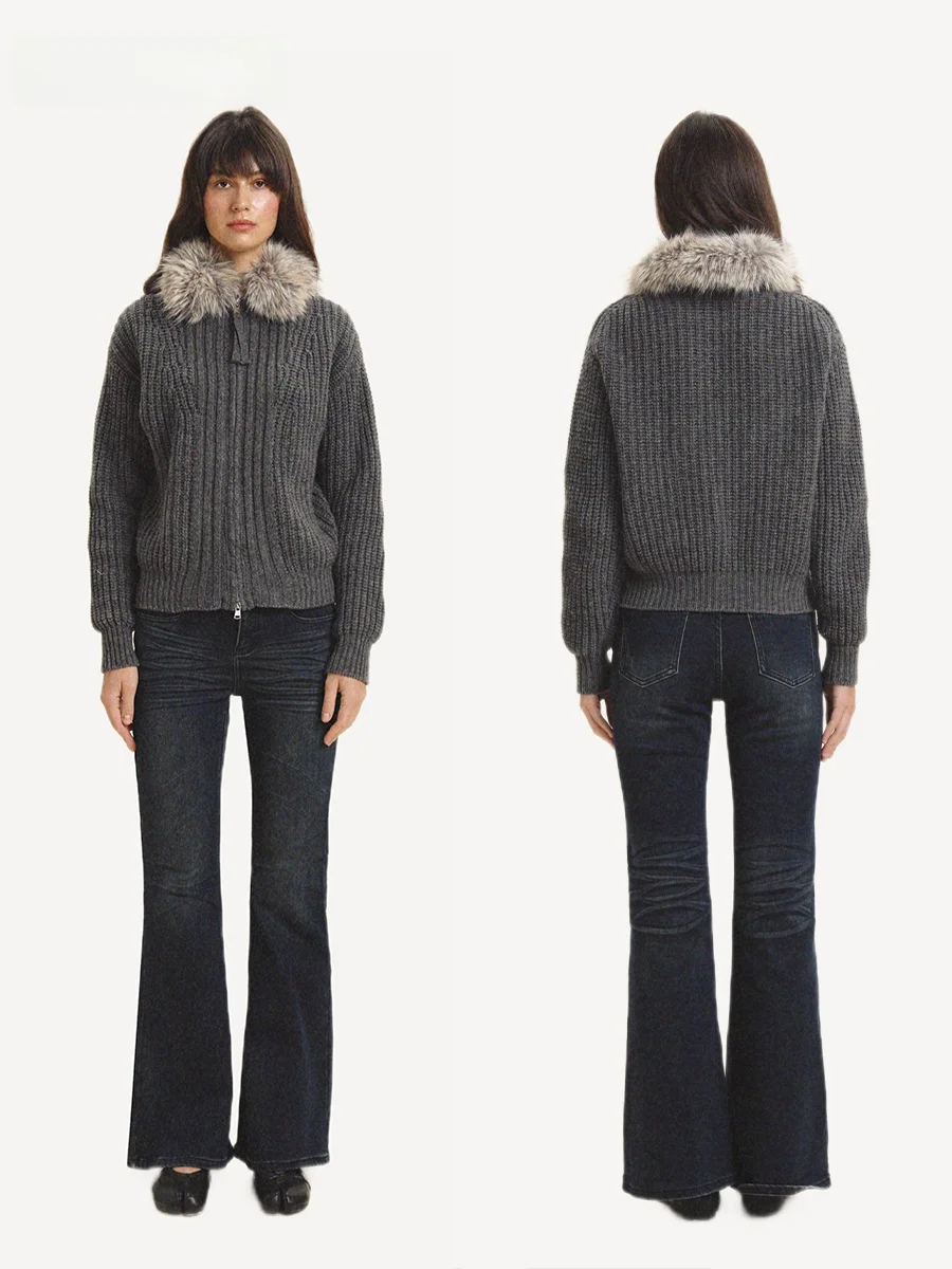 

UUYUMMY Зимний утепленный вязаный кардиган женский в стиле ретро со съемным меховым воротником на молнии, средней мягкости, длинный, с длинными рукавами