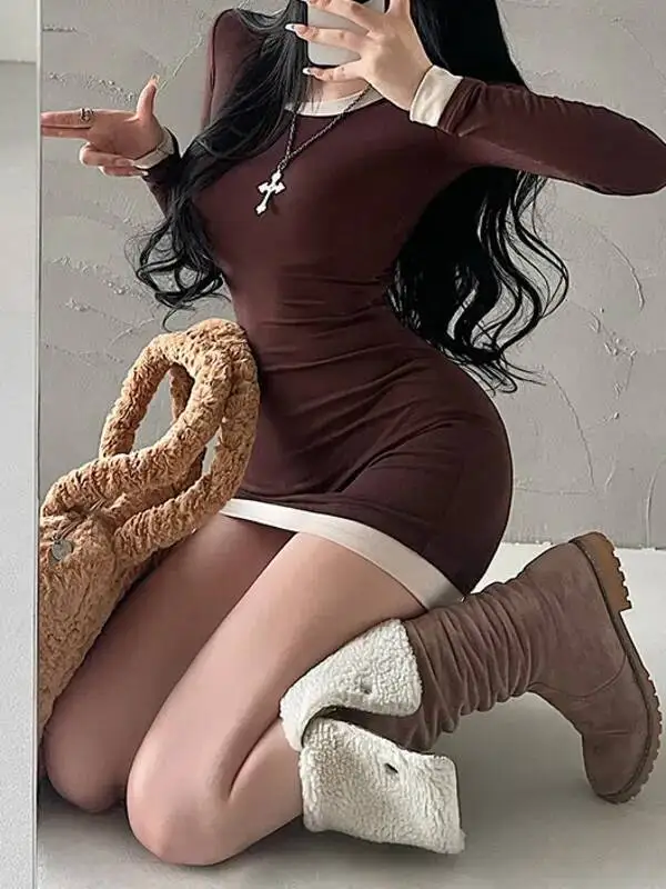 الرغبة النقية مثير ضيق نحيل الجولة الرقبة قاعدة فستان بكم طويل فستان قصير قصير أنيق الخريف موضة الكورية النساء بلايز 4J8Q