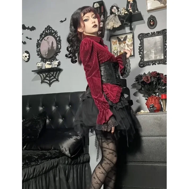 Yangelo Red Velvet Fabric Shirt Fairy Grunge Gothic Stripes Lapels Long Sleeve Shirt Punk Harajuku Lace Shirt