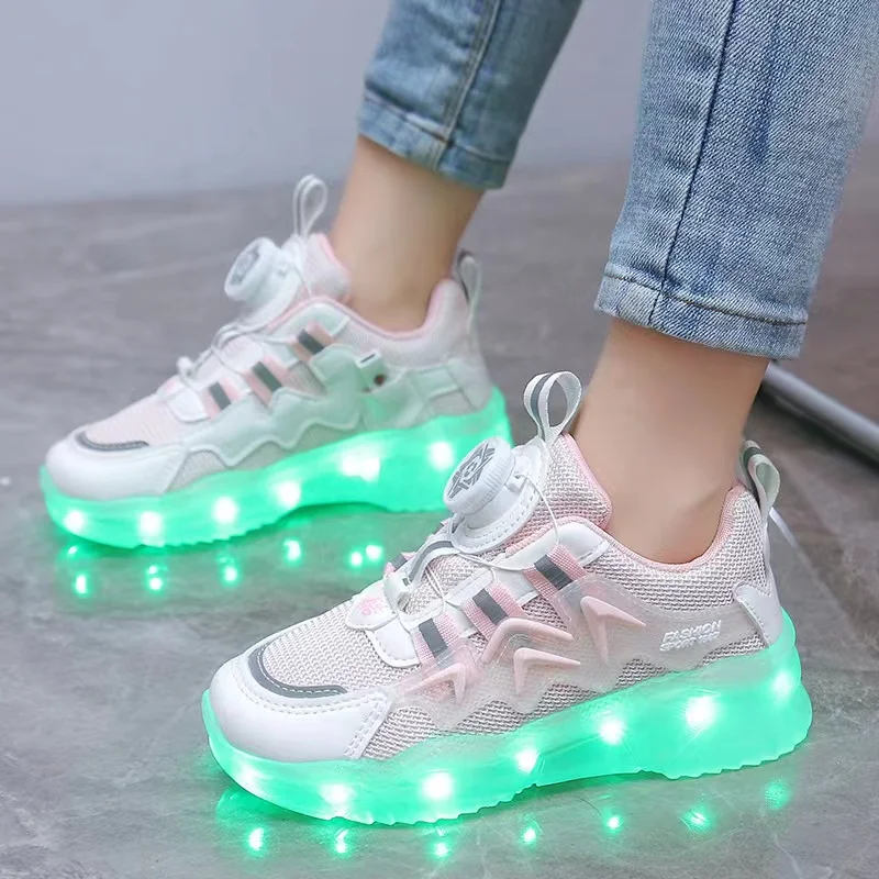 New Rotating button charging colorful luminous shoes sports bright light shoes children\'s shoes boys and girls luminous shoes