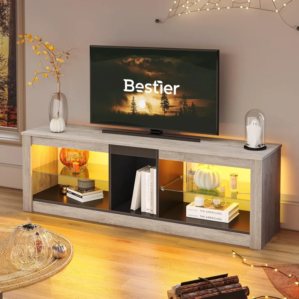 

RGB TV Stand for 65+ Gaming Entertainment Center Gaming LED TV Media Console Table with 2 Glass Shelf PS Gaming TV Cabinet for