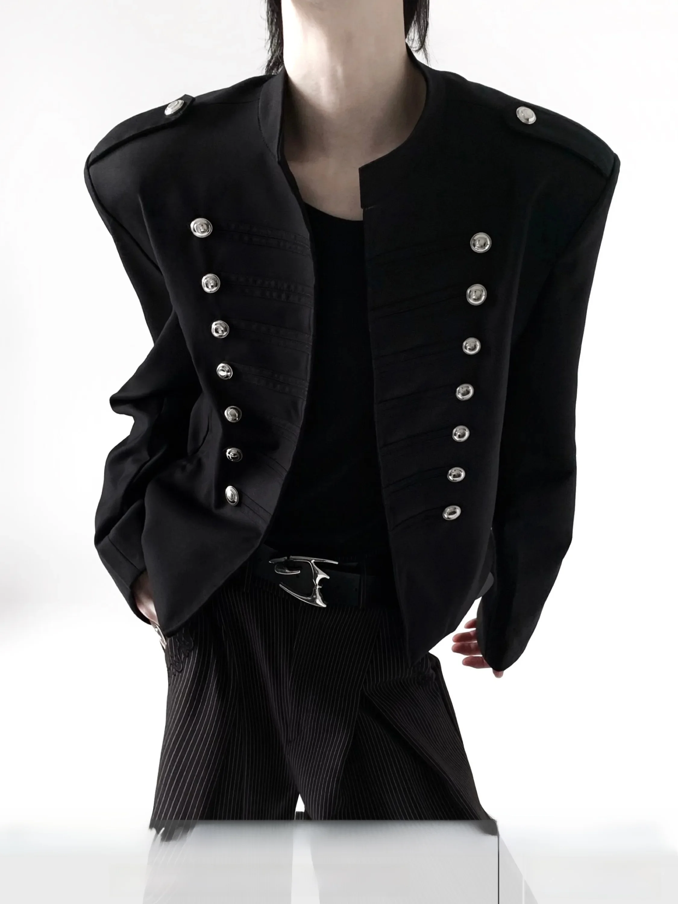 Dark Court Street Napoleon Jacket Men's Short Shoulder Pad Design Sense Outerwear Anti-Wind Polyester Cotton Blend Long Sleeve