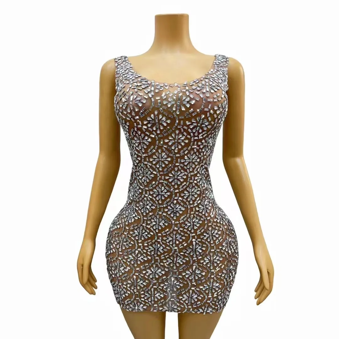 

Sexy Stage Silver Rhinestones Crystals Sleeveless Transparent Mini Dress Dance Birthday Celebrate Costume Party Photoshoot Wear