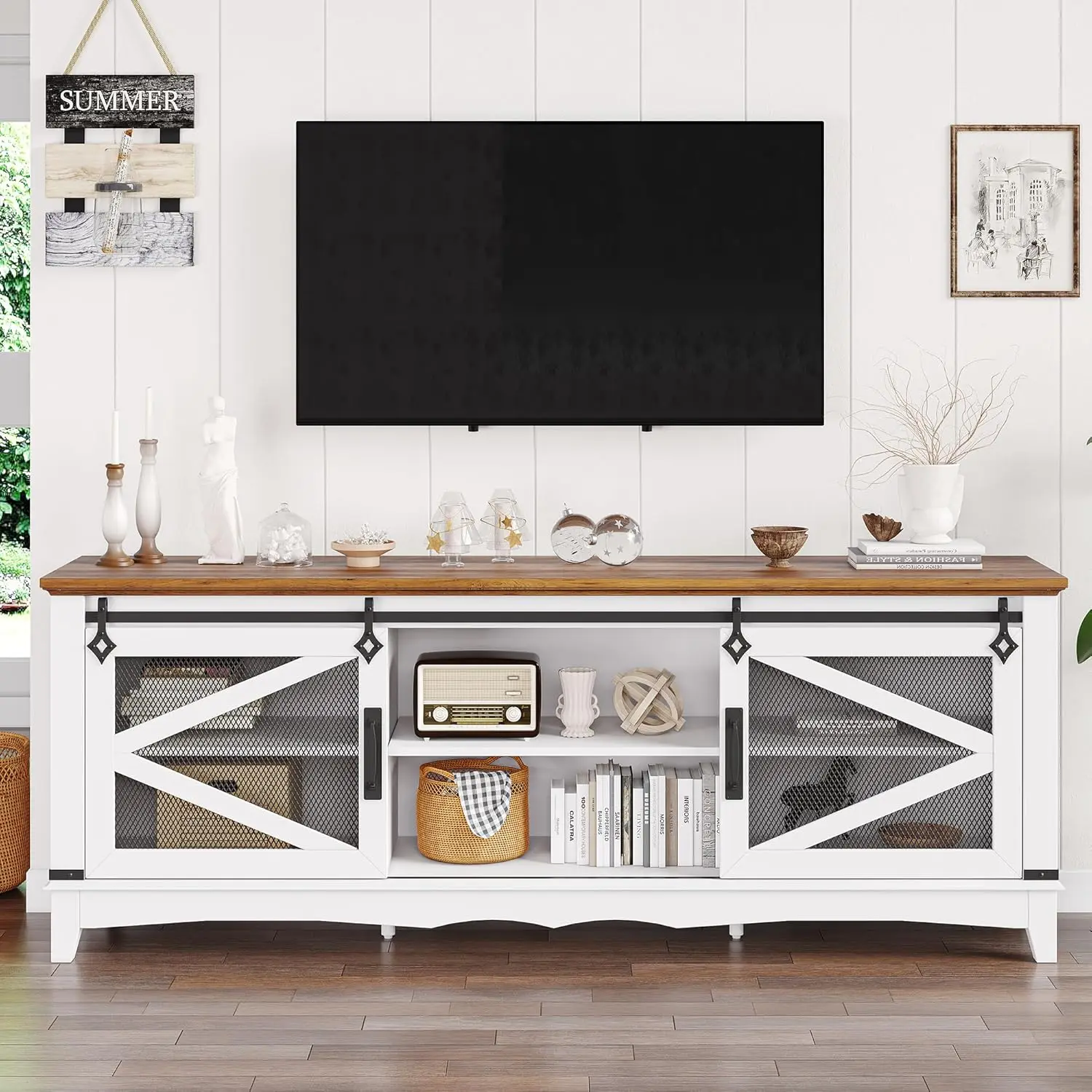 Farmhouse TV Stand for 65+ Inch TV Entertainment Center TV Media Console Cabinet Barn Doors TV Stand with Storage and Shelves