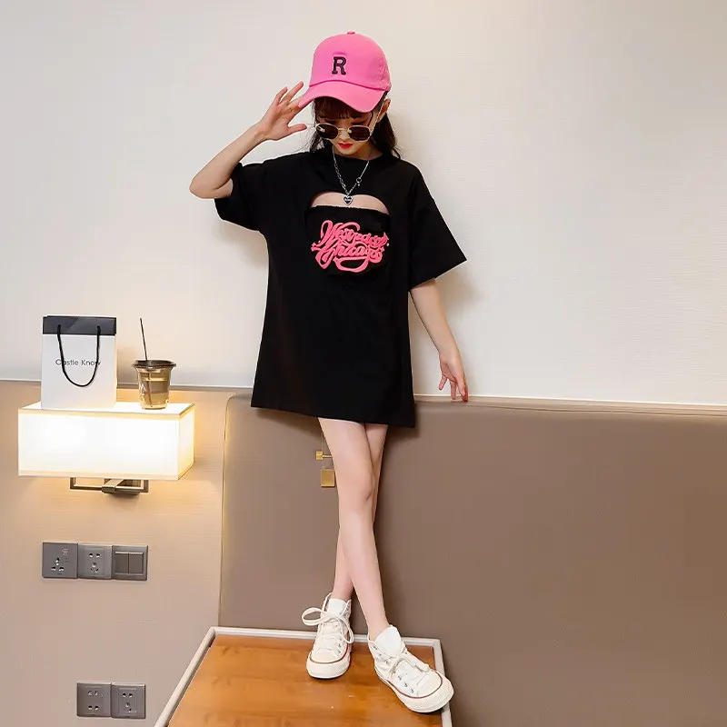 Baby Girls Summer Long T-Shirt Hollow Out Fashion Letter Pattern Tees 4-14 Age Kids Short Sleeve Tops Korean Children's Clothing