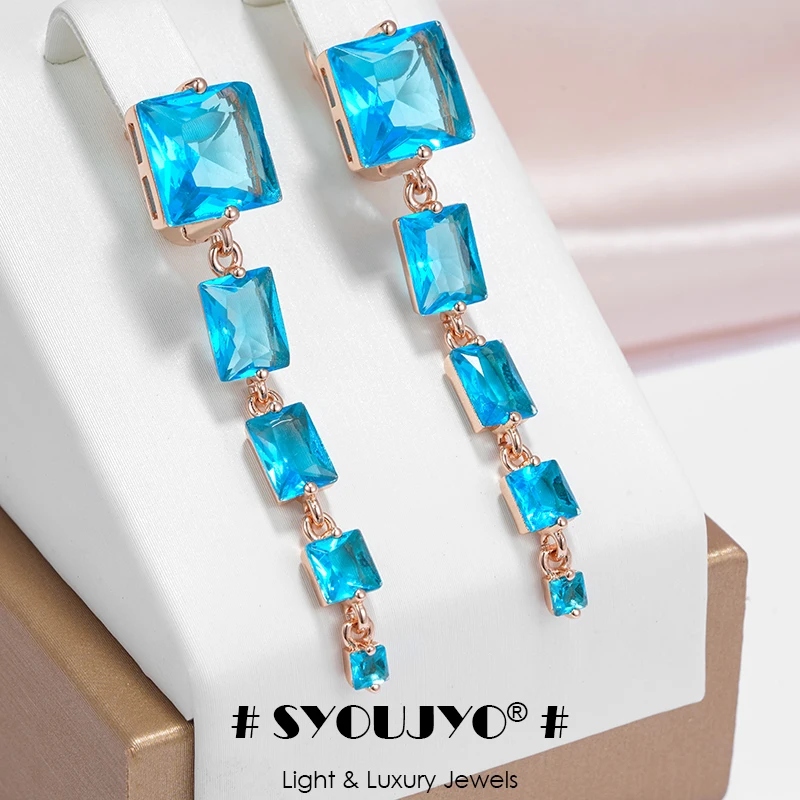 SYOUJYO Sparkling Blue Natural Zircon Long Earrings For Women Party Fashion Jewellery 585 Rose Gold Color Dangle Earrings