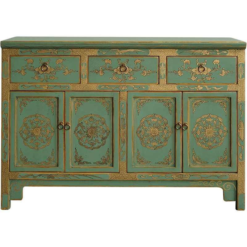 

New Chinese Style Sideboard Antique Vintage Cupboard Hand Painted Golden Flower Solid Wood Cabinets