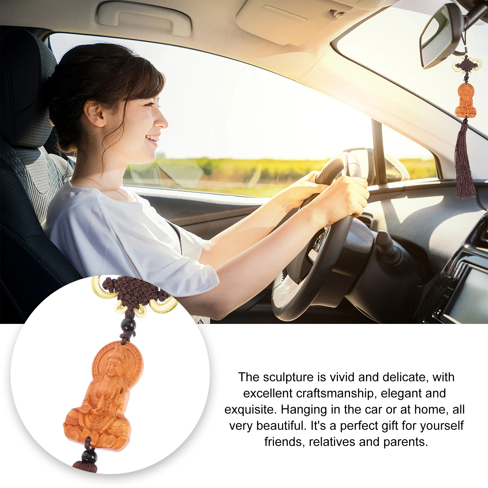 

Wooden Buddha Car Decoration Pendants Interior Accessories Statue Charm Vehicle Home Zen Fortune Elegant