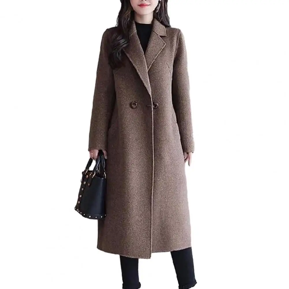 Mid-length Woolen Coat Stylish Women's Woolen Coat Lapel Long Sleeve Two Buttons Pockets Autumn/winter Mid-length Jackets