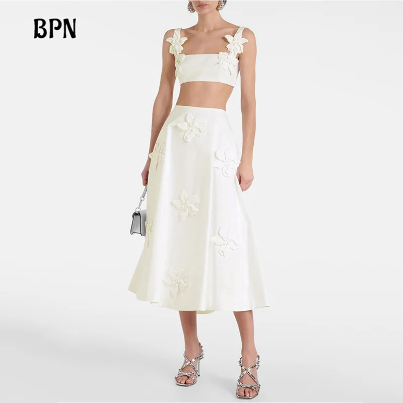 

BPN Temperament Two Piece Sets For Women Square Collar Sleeveless Short Tops High Waist A Line Skirts Appliques Set Female Style