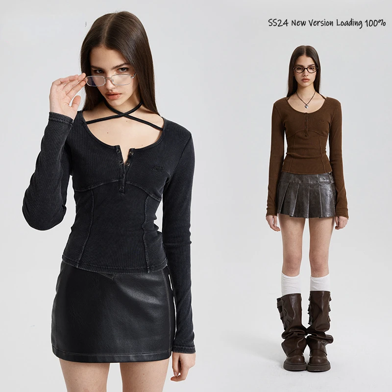 

Spring 2024 Short Y2k Top Women Clothes Sexy Strap Solid Colour Embroidery Long Sleeve U-Neck Women T-shirt Slim Female Pullover