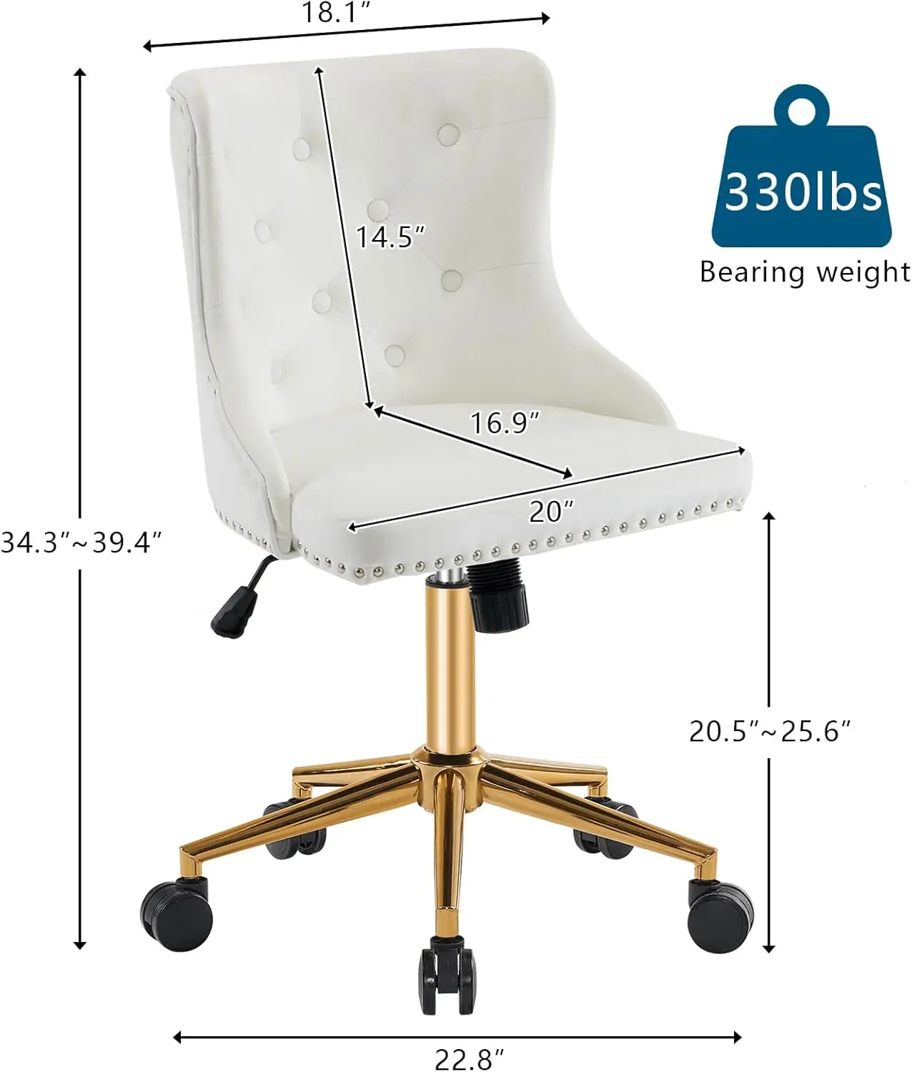 Silla de escritorio de oficina sin brazos de terciopelo blanco con base dorada - Silla de maquillaje pequeña para comodidad en el dormitorio