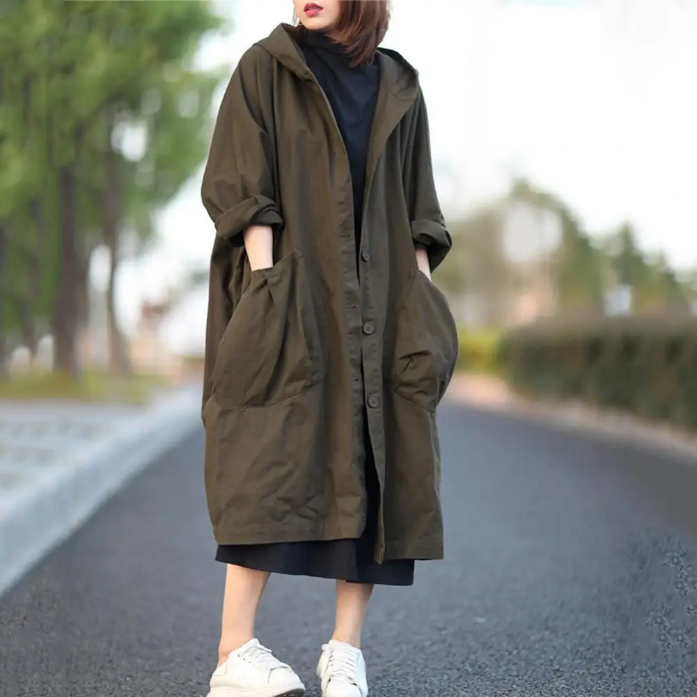 Single-breasted Hooded Coat Stylish Hooded Women's Cardigan Coat with Drawstring Large Pockets for Fall Spring for Daily