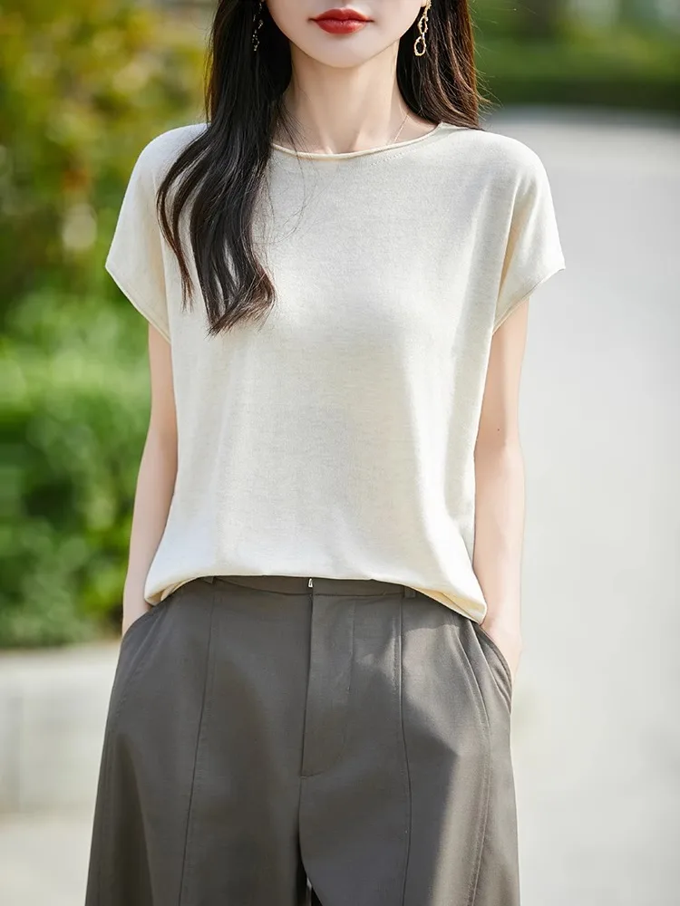 تي شيرت Ele بسيط محبوك مستدير Ne تي شيرت نسائي فضفاض للتخسيس ort Sve Top Commute Sle لون نقي صيفي Faion