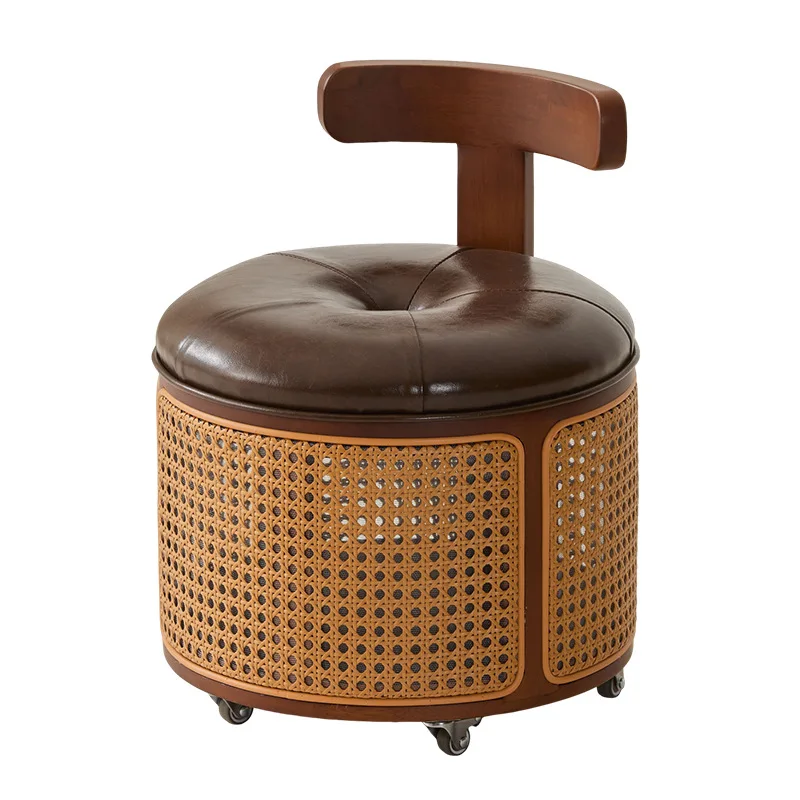 Universal wheel small stool, household living room, solid wood backrest small chair, high-end storage stool