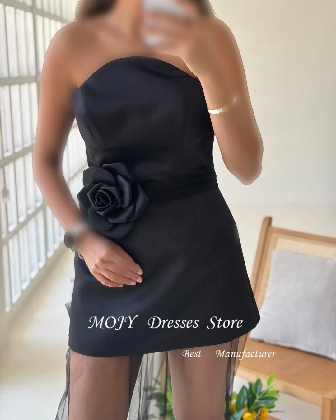 فساتين سهرة مثيرة من الساتان الأحمر من Mojy بدون حمالات مع زهور فساتين طويلة من التول مخصصة