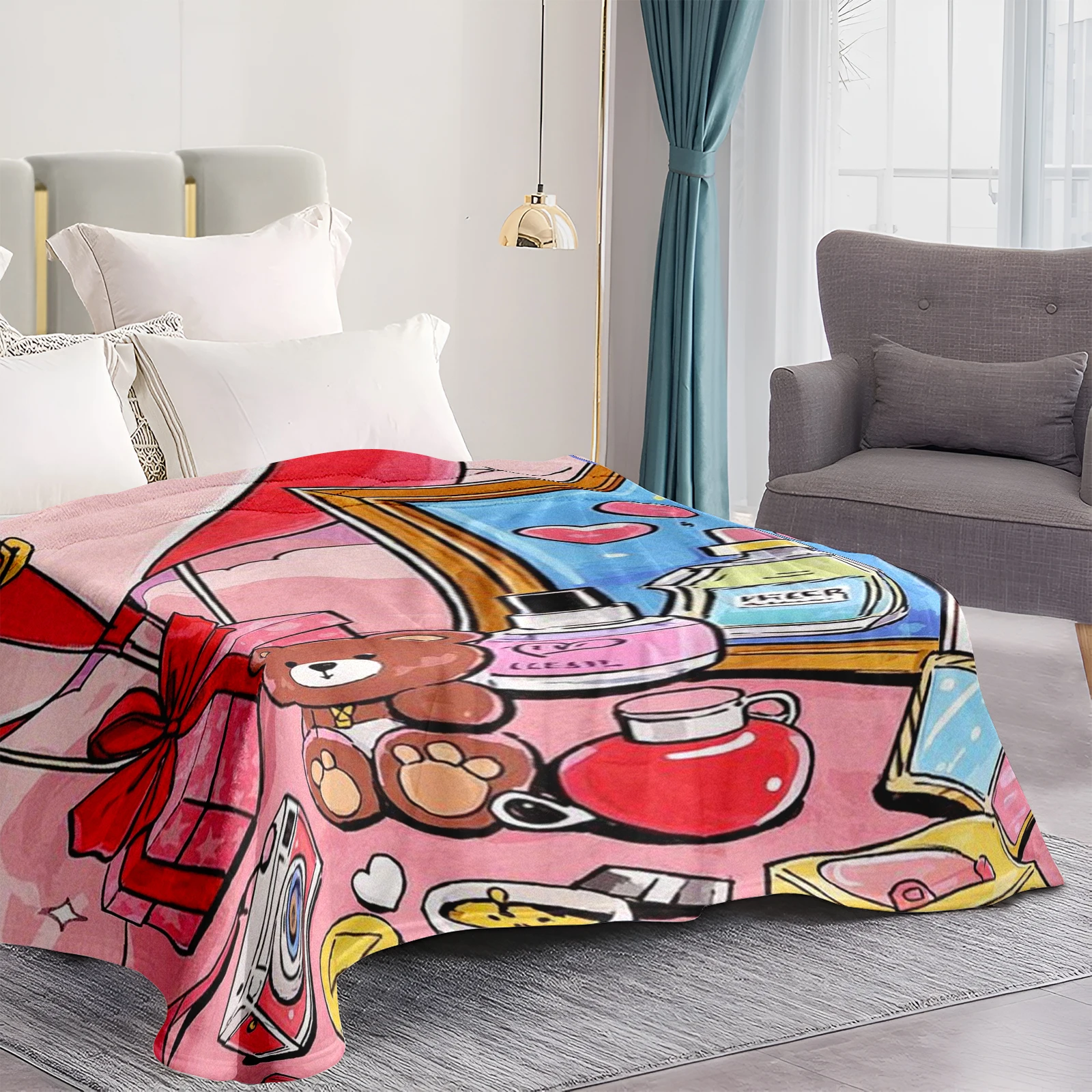 Soft Pink Flannel Valentine S Blanket Featuring Adorable Cartoon Designs Bringing Sweetness To Couple Time