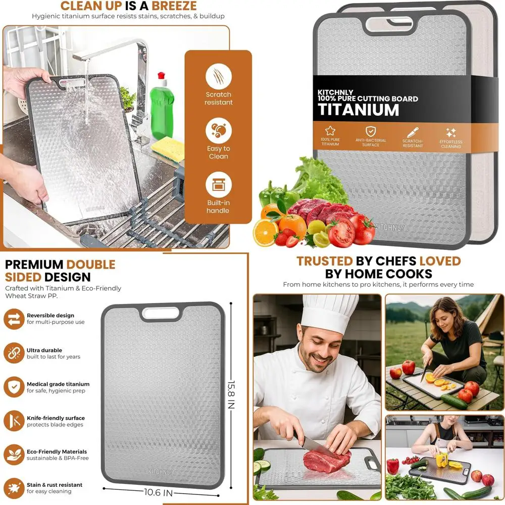 

Large 16x11 Pure Titanium & Wheat Straw Double-Sided Chopping Board - Hygienic, Non-Toxic, Non-Slip, Textured