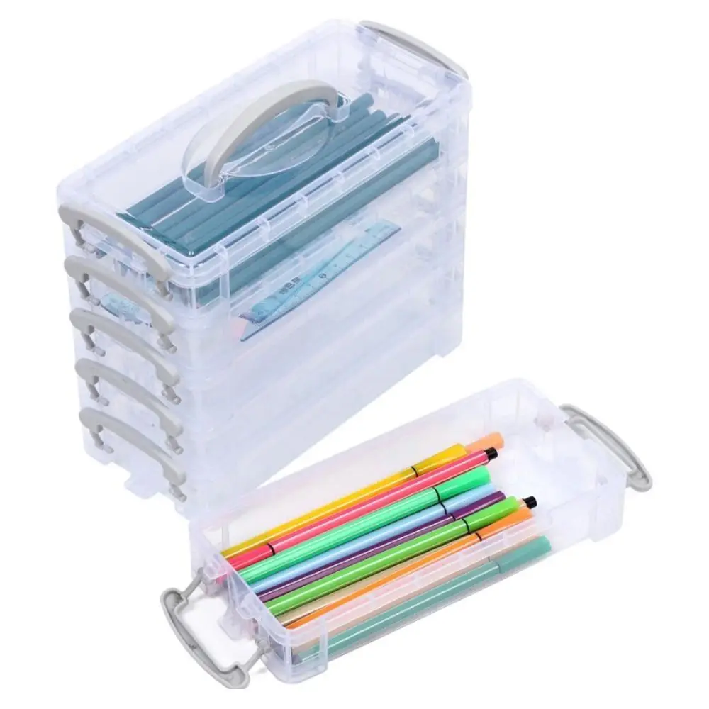 Multi Layer Portable Pencil Case Stackable Detachable Paintbrush Storage Box Plastic Material Transparent Design Marker Pen Box