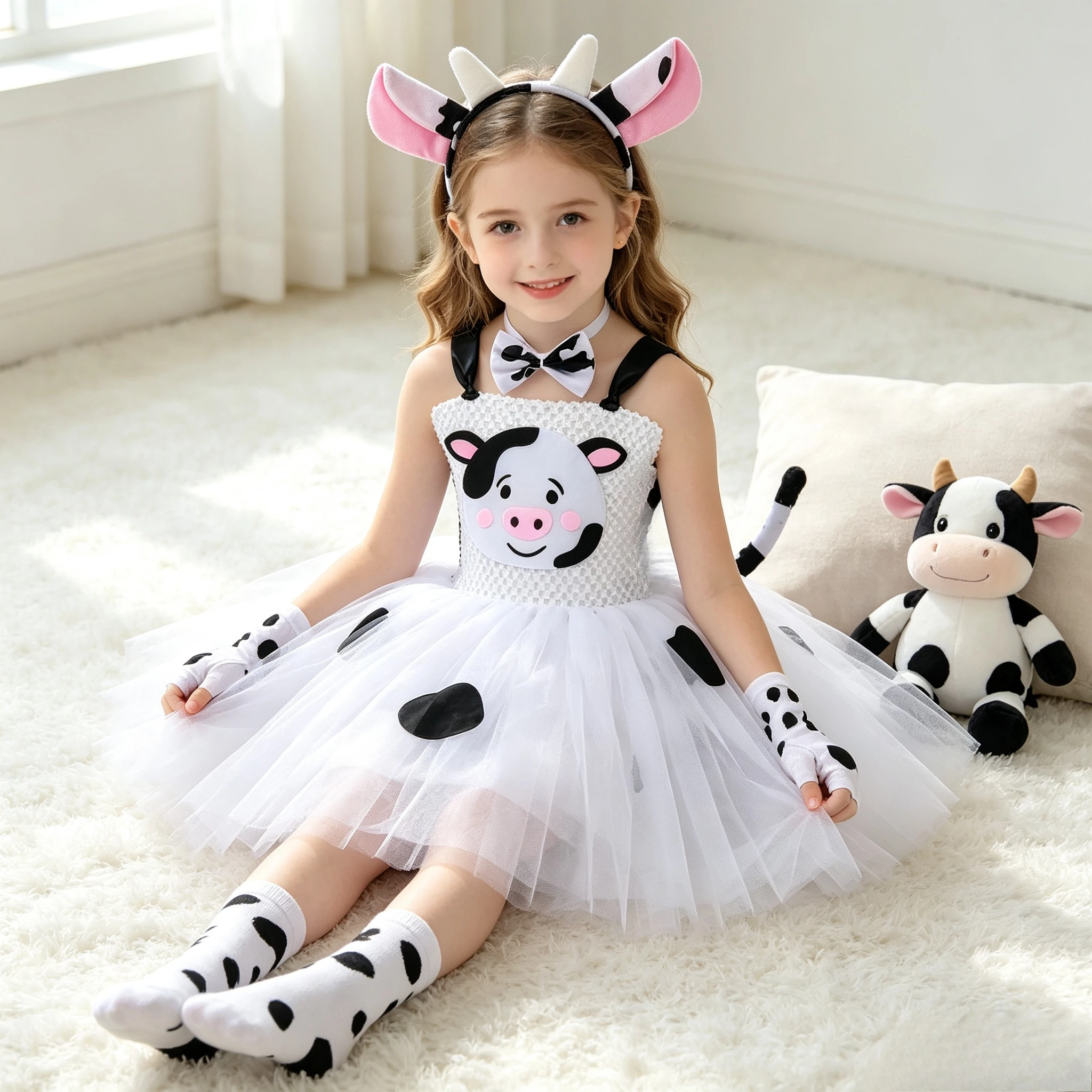 Animal Cartoon Cute Cow Tutu Dress With Ears Bow Tail Set For Halloween Masquerade Farm Themed Party Role Play Stage Performance