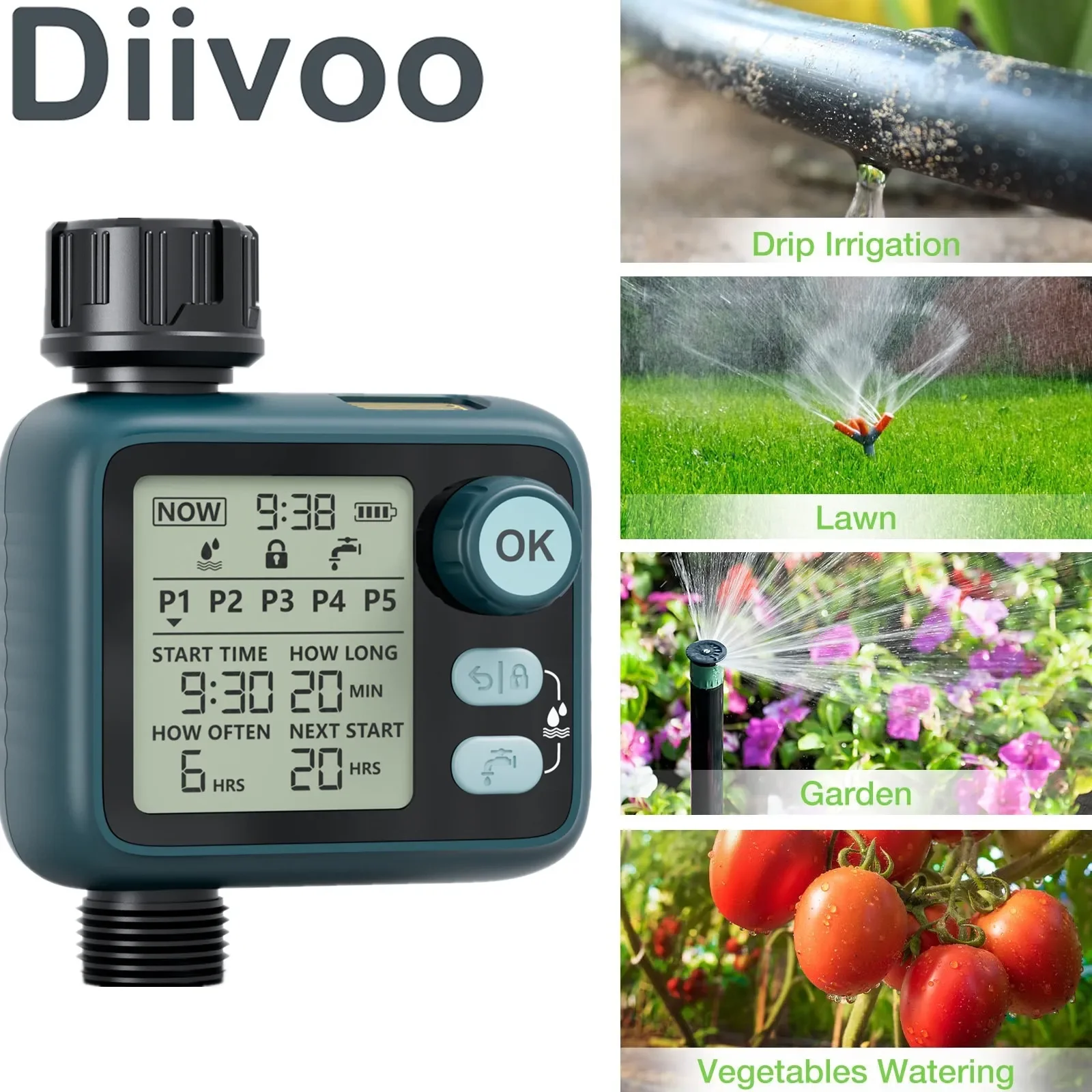 

Diivoo Sprinkler Timer with Rain Sensor Large LCD Screen Water Hose Timer with Auto/Manual/Child Lock Mode, for Garden Yard Lawn