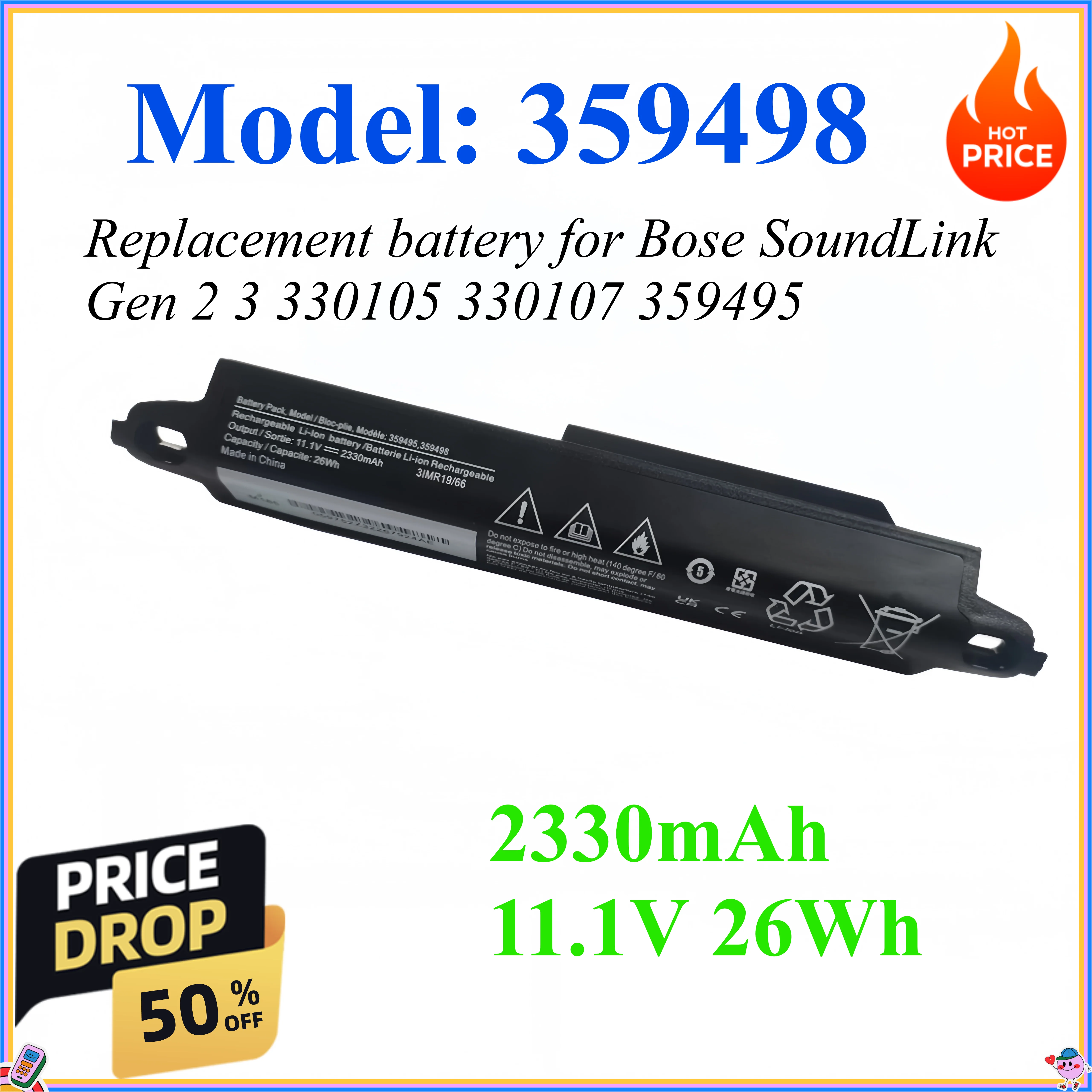 2330mAh 11.1V 26Wh replacement battery for Bose SoundLink Gen 2 3 330105 330107 359495 359498