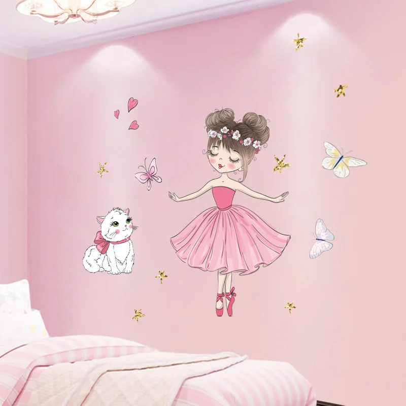 Cartoon Dance Girl Kitty Butterfly Wall Decal Paper Room Home Wall Stickers Cute Ballet Girl Sticker Decoration For Girl Bedroom