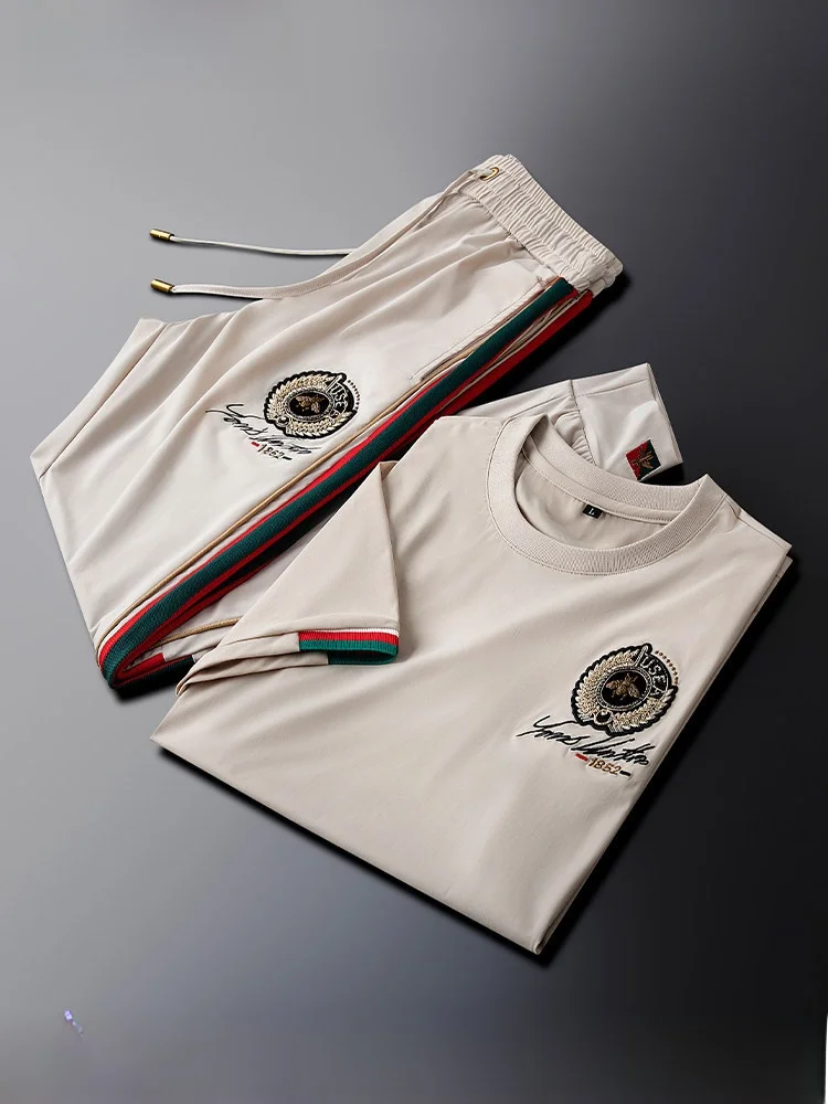 

Повседневный спортивный комплект цвета хаки, легкая облегающая футболка из ледяного шелка ort Sve, брюки с манжетами, комплект из двух предметов для мужчин