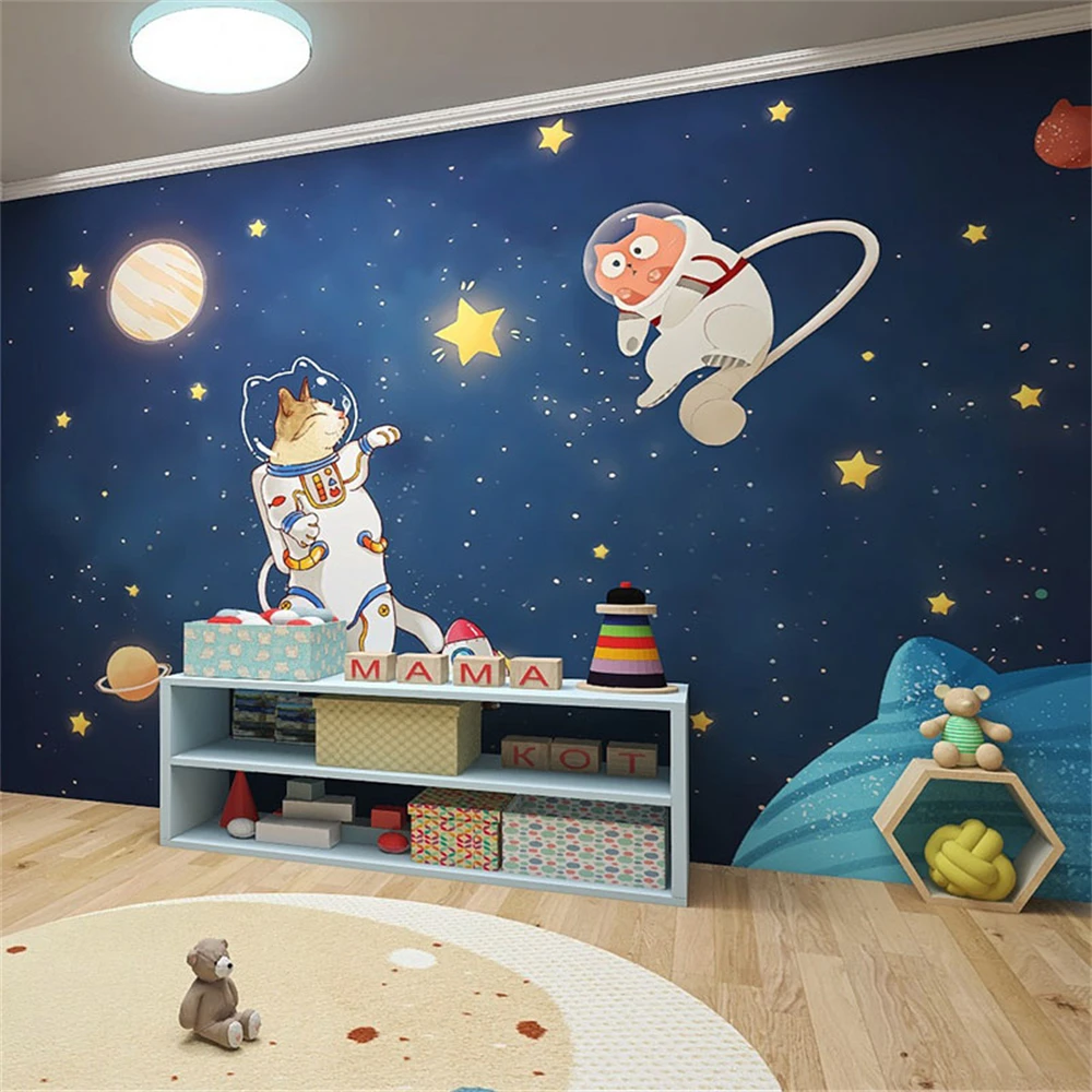 Custom Children's Room Mural - Cartoon Universe Astronaut Starry Sky Planet Wallpaper Early Childhood Kindergarten Wall Paper