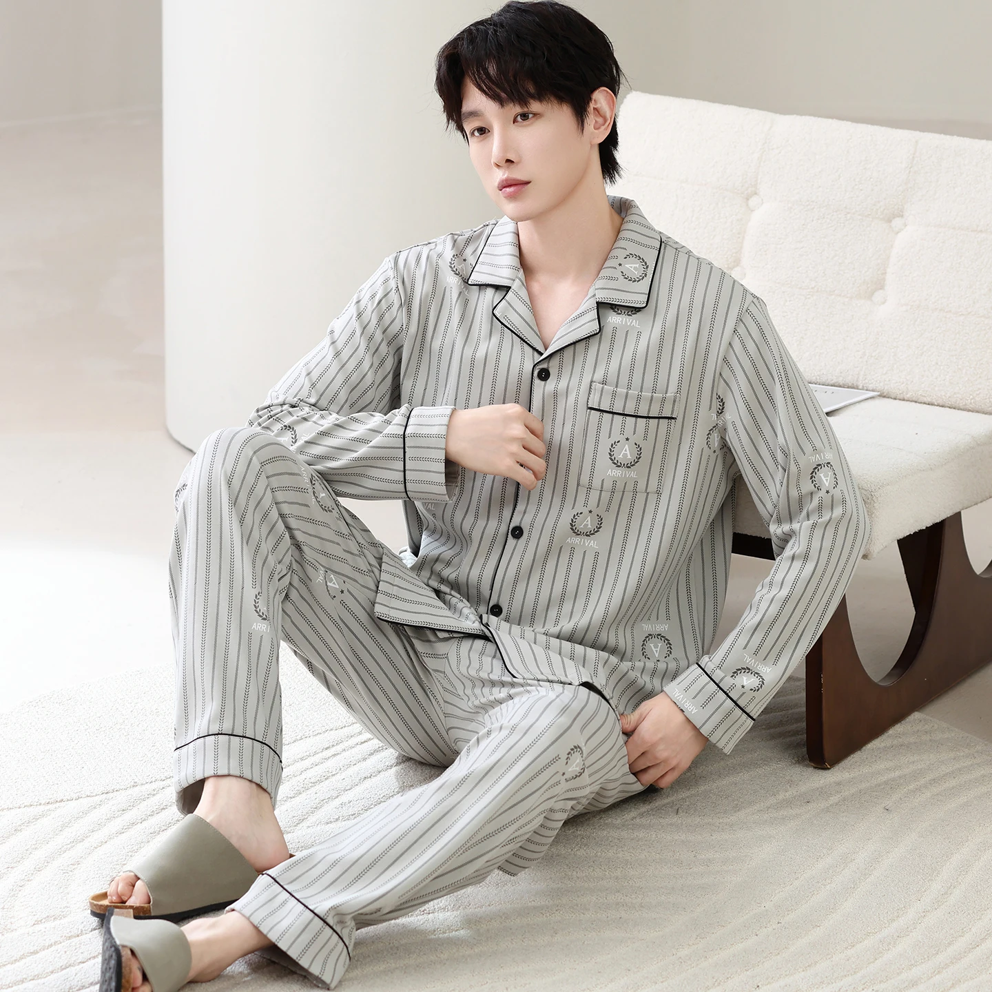 

Men's Pajamas Spring and Autumn Long Sleeve Cardigan Nightwear Youth Plus Size Suitable for Up to 110kg Striped Homewear Set