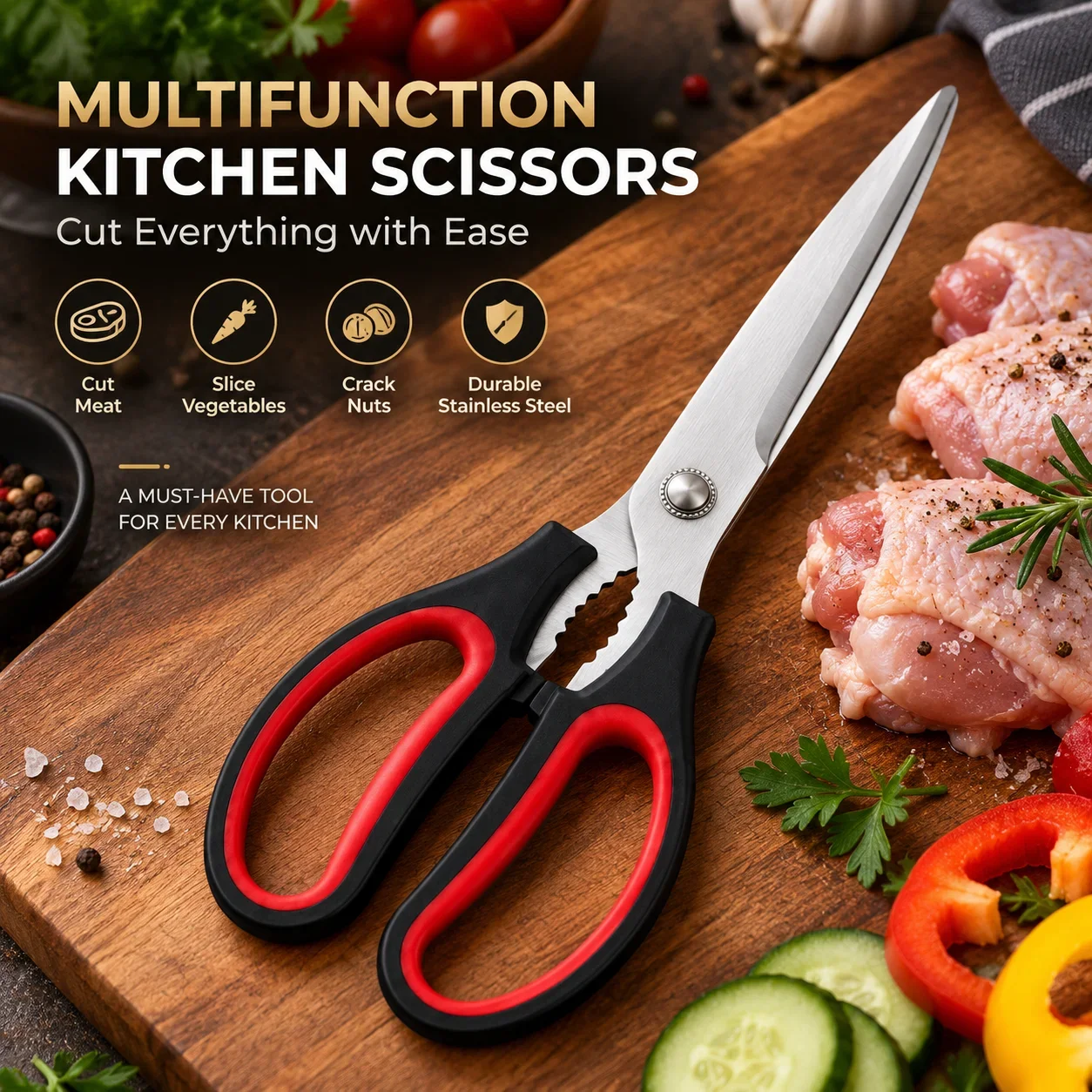 Korean BBQ Stainless Steel Scissors, Multi-Function Kitchen Food Shears, Chicken Bone and Steak Cutter for Home
