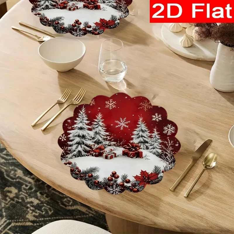 VIKAMA Round Scalloped Christmas Placemats Snowy Pine Tree Gift Linen Mats Non-Slip Wipe Clean for Winter Xmas Table Decor