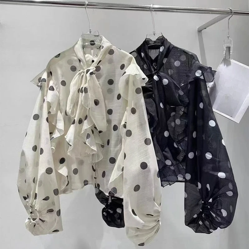 

Ruffle Edge Design Shirt for Women 2025 New Fashion Polka Dot Top Shirts