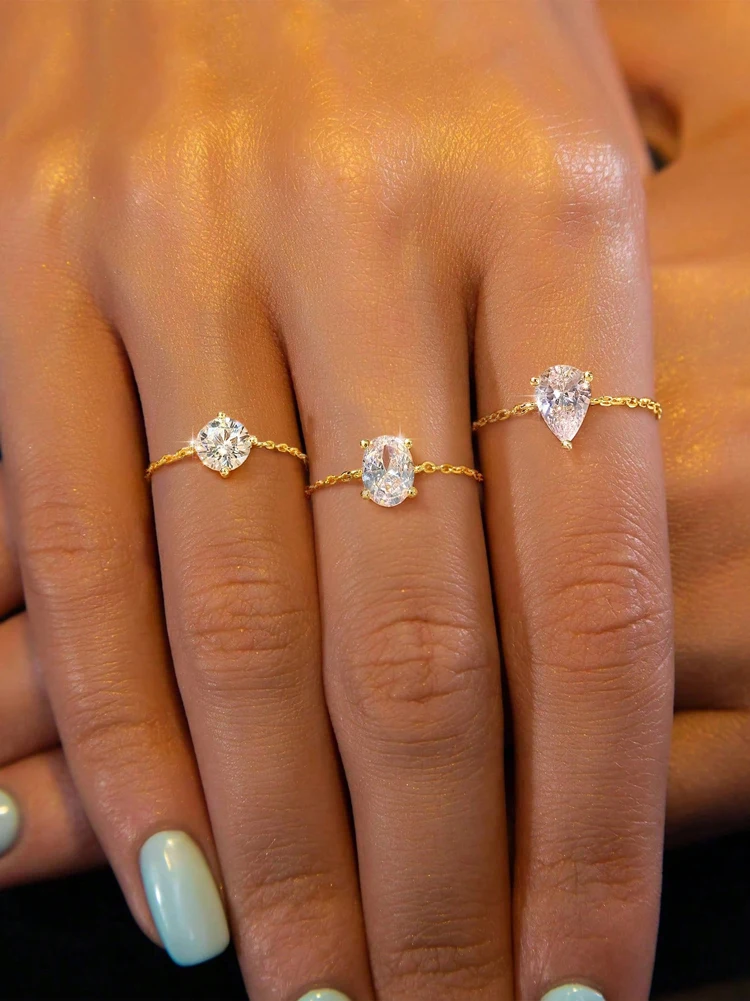 Verstellbarer Ring aus 925er-Sterlingsilber, rund, oval, Wassertropfenform, Zirkon-Kette, für Damen, Jahrestag, hochwertiger edler Schmuck – Detail 2