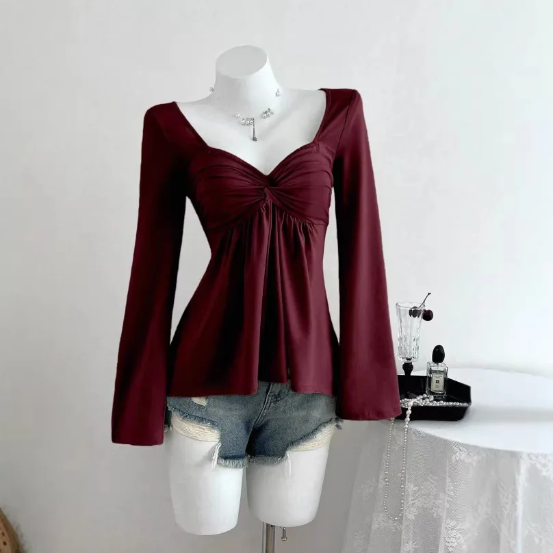 Fashion Women's pullover Top 2026 Spring Sexy Slimming-Fit Tees Shirt Pleated Long Sleeve Square Neck with Twisted Chest Blouse