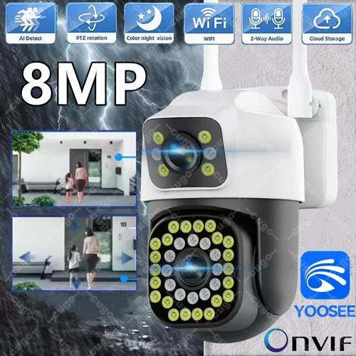 Cámara de vigilancia WiFi 4K de 8MP, cámara IP PTZ de doble lente para exteriores, seguimiento automático, Audio y vídeo, cámara CCTV de seguridad ONVIF YOOSEE