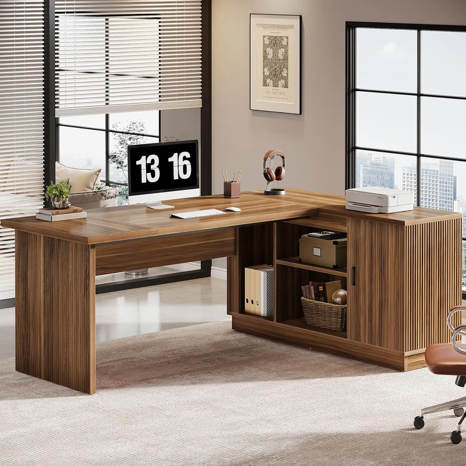 

70.8-Inch Executive Desk,L-Shaped Desk with with File Cabinet,Fluted Business Furniture Workstation for Home Office,Walnut Brown