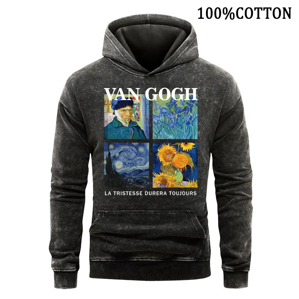 Van Gogh Self Portraits And Starry Night Męskie bluzy z kapturem Retro Washed Cotton Hoody Wygodna bluza Streetwear Tops