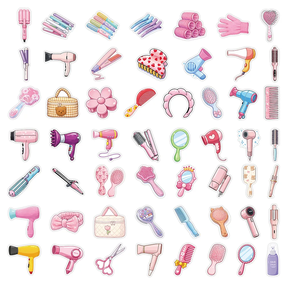 50/100PCS Cartoon Hair Salon Tool Doodle Stickers, INS Aesthetic Cute Decals for Notebook Diary Suitcase